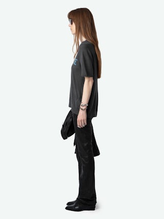 Ida 100% Cashmere Jumper - Jumper in 100% cashmere with short sleeves and metallic gradient "Imagine" print.