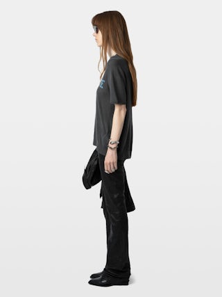 Ida 100% Cashmere Jumper - Jumper in 100% cashmere with short sleeves and metallic gradient "Imagine" print.