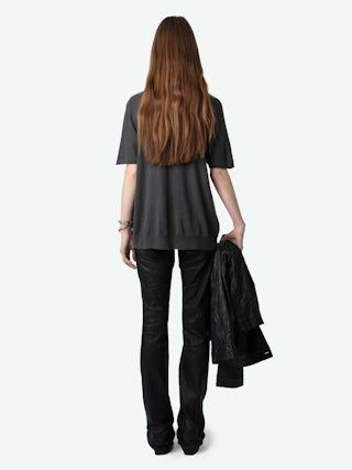 Ida 100% Cashmere Jumper - Jumper in 100% cashmere with short sleeves and metallic gradient "Imagine" print.