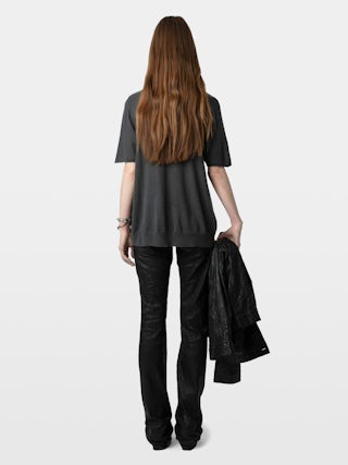 Ida 100% Cashmere Jumper - Jumper in 100% cashmere with short sleeves and metallic gradient "Imagine" print.