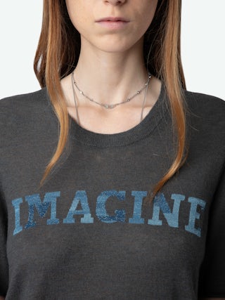 Ida 100% Cashmere Jumper - Jumper in 100% cashmere with short sleeves and metallic gradient "Imagine" print.