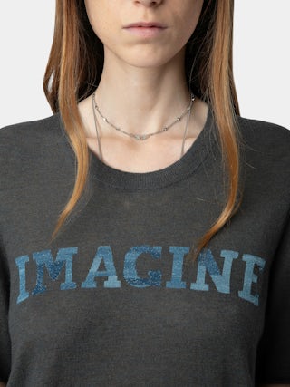 Ida 100% Cashmere Jumper - Jumper in 100% cashmere with short sleeves and metallic gradient "Imagine" print.