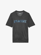 Jersey Ida Imagine de 100% Cachemira - Jersey de 100% cachemira pluma en color gris jaspeado, de manga corta, con estampado «Imagine» metalizado degradado en la parte delantera.