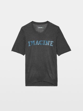 Ida 100% Cashmere Jumper - Jumper in 100% cashmere with short sleeves and metallic gradient "Imagine" print.