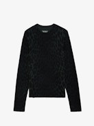 Maglione Pravis Leopardato 100% Cachemire - Maglione in 100% cachemire verde scuro con stampa leopardata e maniche lunghe.