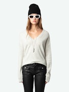Vivi Patch Cashmere Sweater - Long-sleeved grey cashmere V-neck sweater with star patches and embroidery on the elbows.