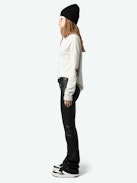 Vivi Patch Cashmere Sweater - Long-sleeved grey cashmere V-neck sweater with star patches and embroidery on the elbows.