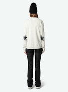 Vivi Patch Cashmere Sweater - Long-sleeved grey cashmere V-neck sweater with star patches and embroidery on the elbows.