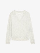 Vivi Patch Cashmere Sweater - Long-sleeved grey cashmere V-neck sweater with star patches and embroidery on the elbows.