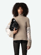 Maglione Sal 100% Lana Merino - Maglione in 100% lana merino marrone con collo alto, maniche lunghe svasate, con motivi e ricami vegetali sulle maniche.