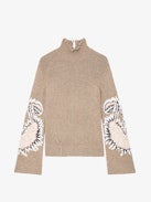 Maglione Sal 100% Lana Merino - Maglione in 100% lana merino marrone con collo alto, maniche lunghe svasate, con motivi e ricami vegetali sulle maniche.