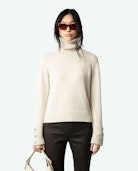 Boxy Jewelled Sweater - Long-sleeved ecru knit button sleeve sweater with funnel neck, button cuffs, and diamanté star jewels.