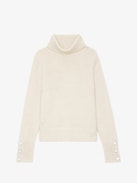 Boxy Jewelled Sweater - Long-sleeved ecru knit button sleeve sweater with funnel neck, button cuffs, and diamanté star jewels.