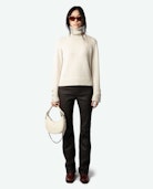 Boxy Jewelled Sweater - Long-sleeved ecru knit button sleeve sweater with funnel neck, button cuffs, and diamanté star jewels.