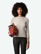 Sourcy Cashmere Sweater - Long-sleeved grey-brown cashmere sweater with contrasting piping.