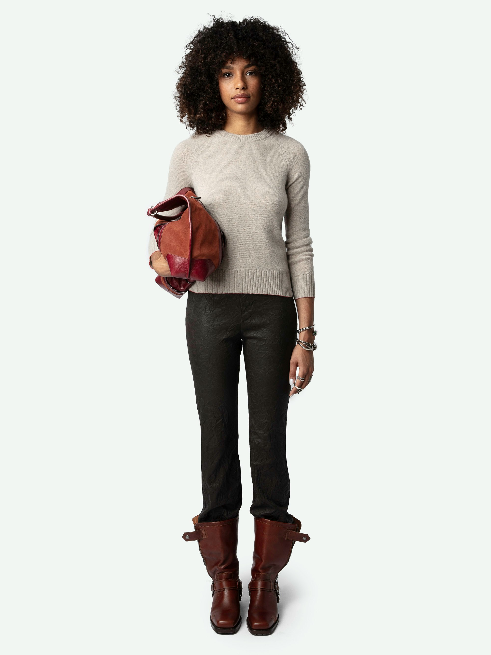 Sourcy Jumper 100% Cashmere - Long-sleeved grey-brown 100% cashmere jumper with contrasting piping.