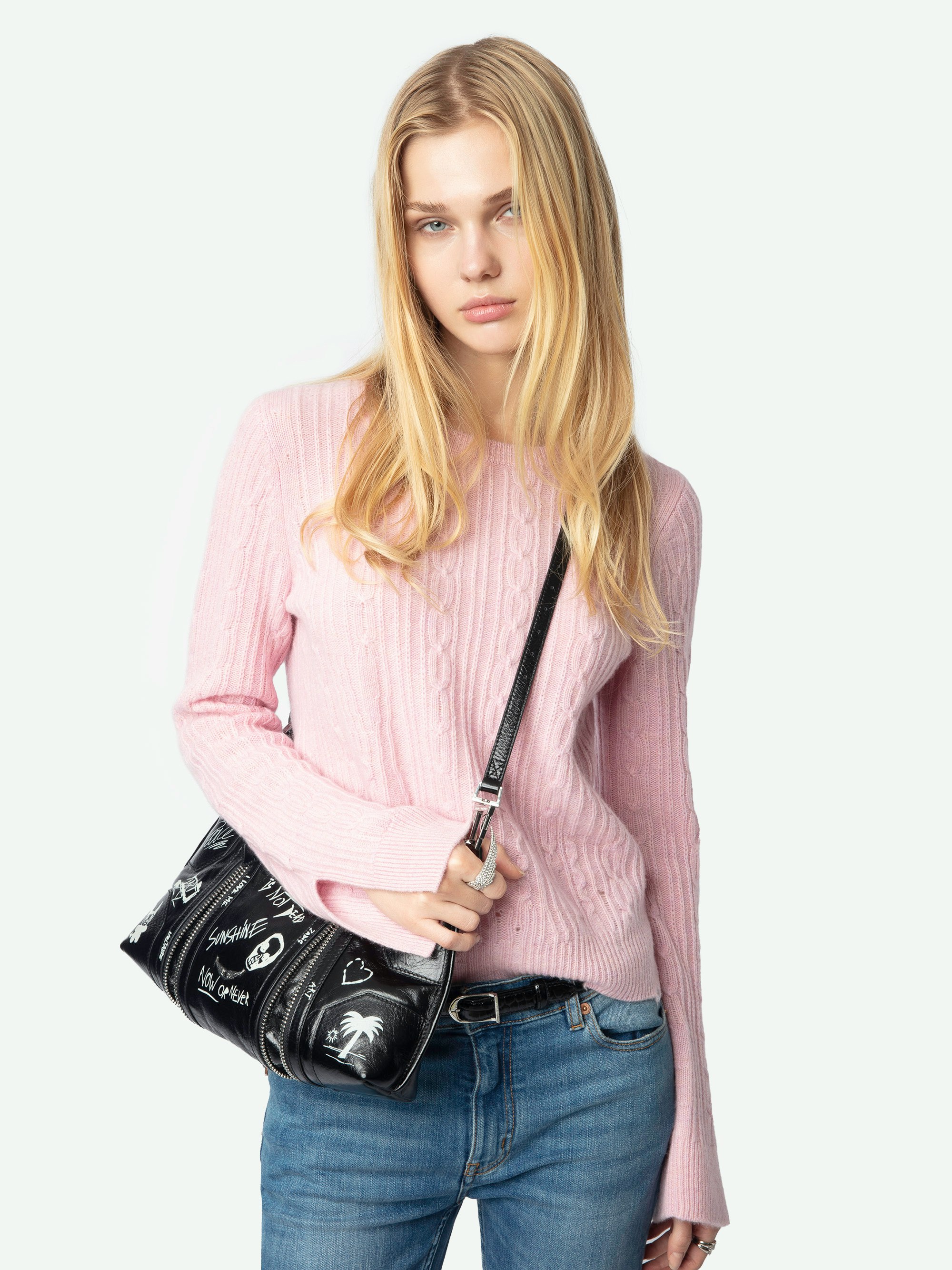 Jonasson Cashmere Sweater - Pink sweater in 100% cashmere with long sleeves, split cuffs, and cable knit detailing.