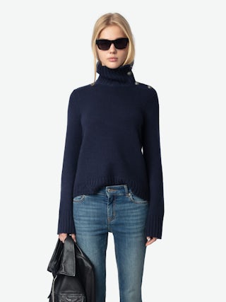 Nalma Jumper 100% Cashmere - 100% cashmere navy blue jumper with a high collar and shoulder buttons.