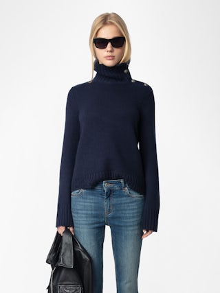 Nalma Jumper 100% Cashmere - 100% cashmere navy blue jumper with a high collar and shoulder buttons.