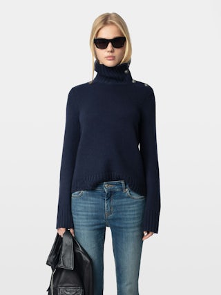 Nalma Jumper 100% Cashmere - 100% cashmere navy blue jumper with a high collar and shoulder buttons.