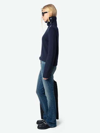 Nalma Jumper 100% Cashmere - 100% cashmere navy blue jumper with a high collar and shoulder buttons.