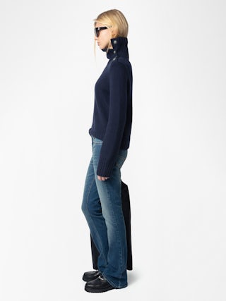 Nalma Jumper 100% Cashmere - 100% cashmere navy blue jumper with a high collar and shoulder buttons.