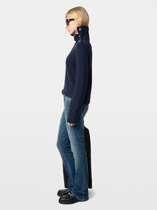 Nalma Jumper 100% Cashmere - 100% cashmere navy blue jumper with a high collar and shoulder buttons.