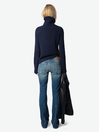 Nalma Jumper 100% Cashmere - 100% cashmere navy blue jumper with a high collar and shoulder buttons.