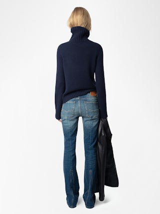 Nalma Jumper 100% Cashmere - 100% cashmere navy blue jumper with a high collar and shoulder buttons.
