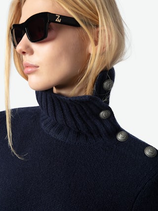 Nalma Jumper 100% Cashmere - 100% cashmere navy blue jumper with a high collar and shoulder buttons.