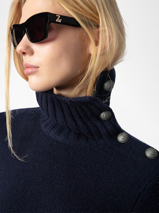 Nalma Jumper 100% Cashmere - 100% cashmere navy blue jumper with a high collar and shoulder buttons.