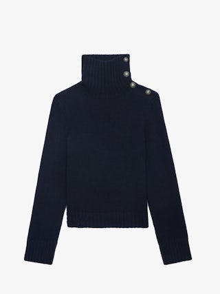 Nalma Jumper 100% Cashmere - 100% cashmere navy blue jumper with a high collar and shoulder buttons.