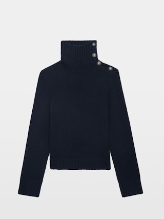 Nalma Jumper 100% Cashmere - 100% cashmere navy blue jumper with a high collar and shoulder buttons.