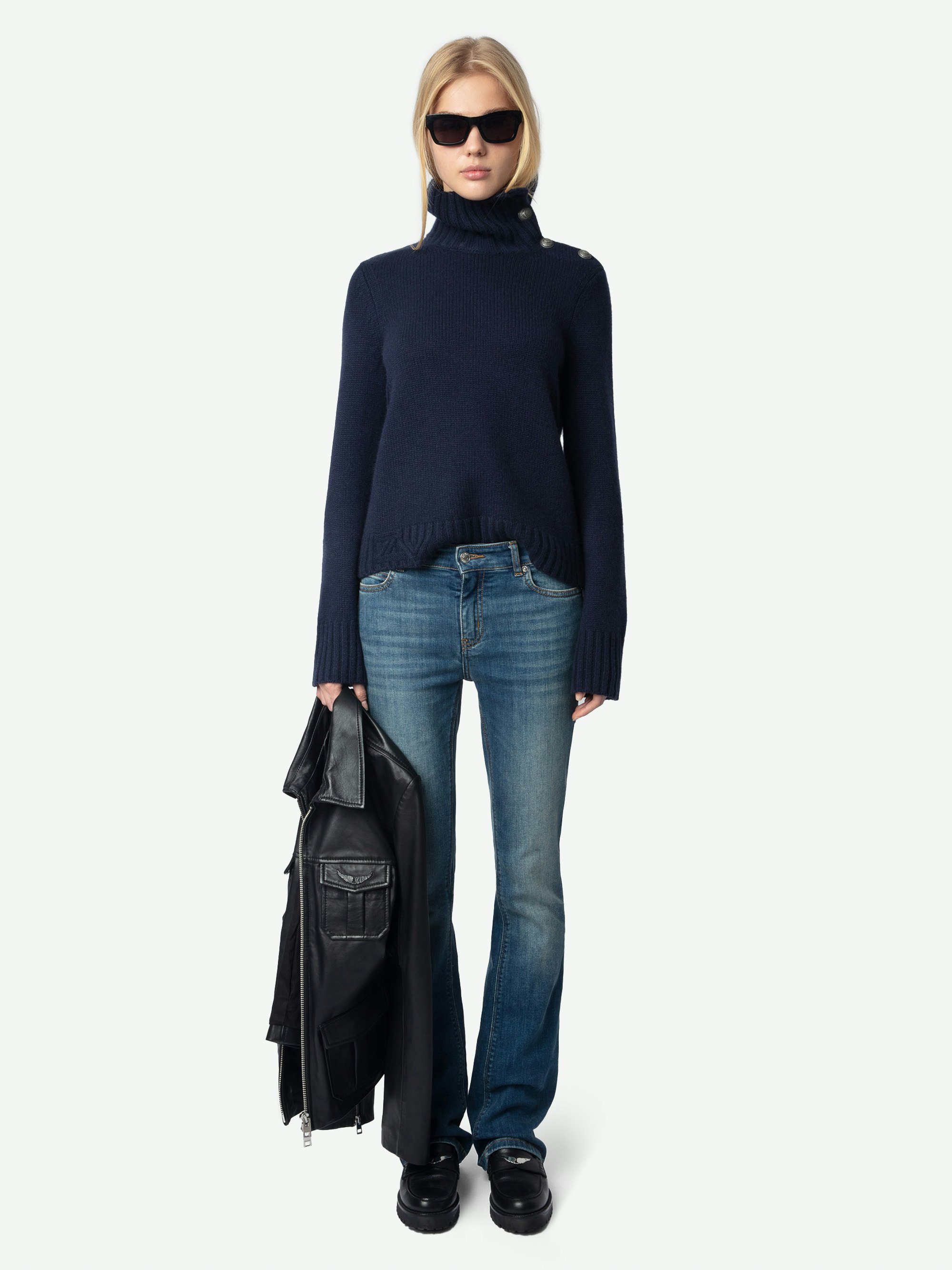 Nalma Jumper 100% Cashmere - 100% cashmere navy blue jumper with a high collar and shoulder buttons.