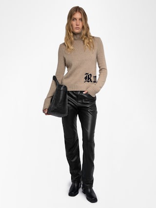 Nalma Jumper 100% Merino Wool - Light brown 100% merino wool jumper with a high neck and "Rock" inscription.