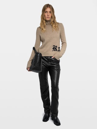 Pull Nalma 100% Laine Merinos - Pull en 100% laine mérinos marron claire à col montant et inscription "Rock".