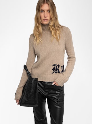 Nalma Jumper 100% Merino Wool - Light brown 100% merino wool jumper with a high neck and "Rock" inscription.