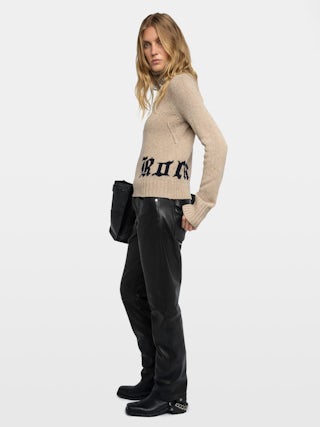 Pull Nalma 100% Laine Merinos - Pull en 100% laine mérinos marron claire à col montant et inscription "Rock".