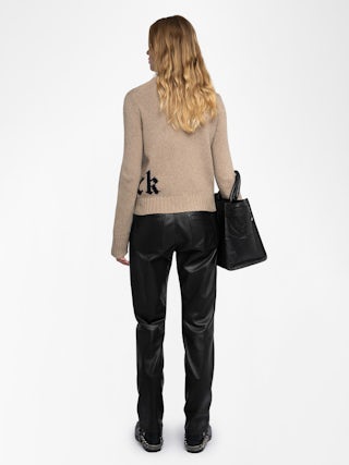 Nalma Jumper 100% Merino Wool - Light brown 100% merino wool jumper with a high neck and "Rock" inscription.