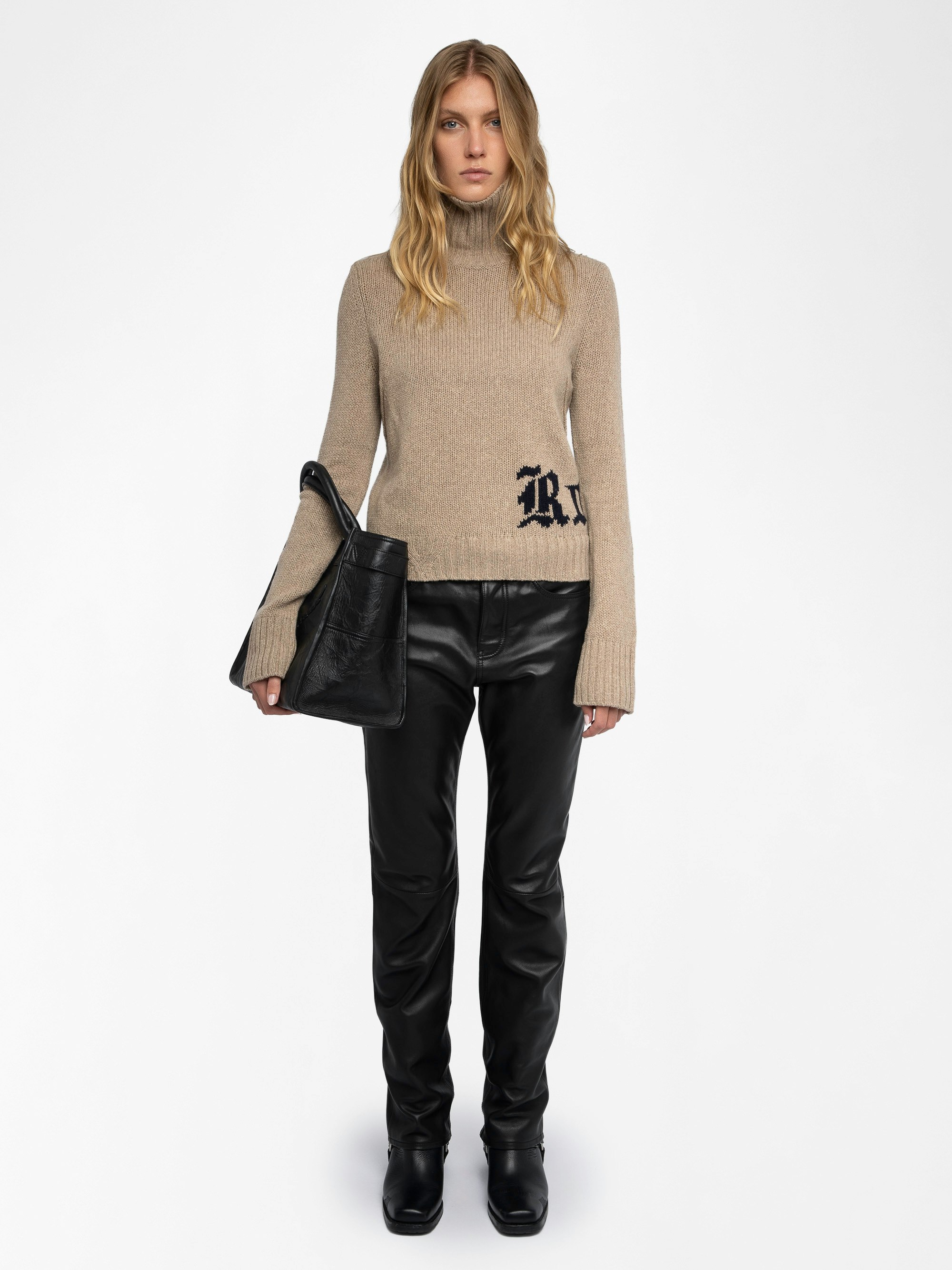 Nalma Jumper 100% Merino Wool - Light brown 100% merino wool jumper with a high neck and "Rock" inscription.