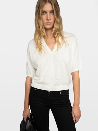 Pullover Wully - Kurzärmeliger Pullover mit V-Ausschnitt und Strass-Allover-Muster.