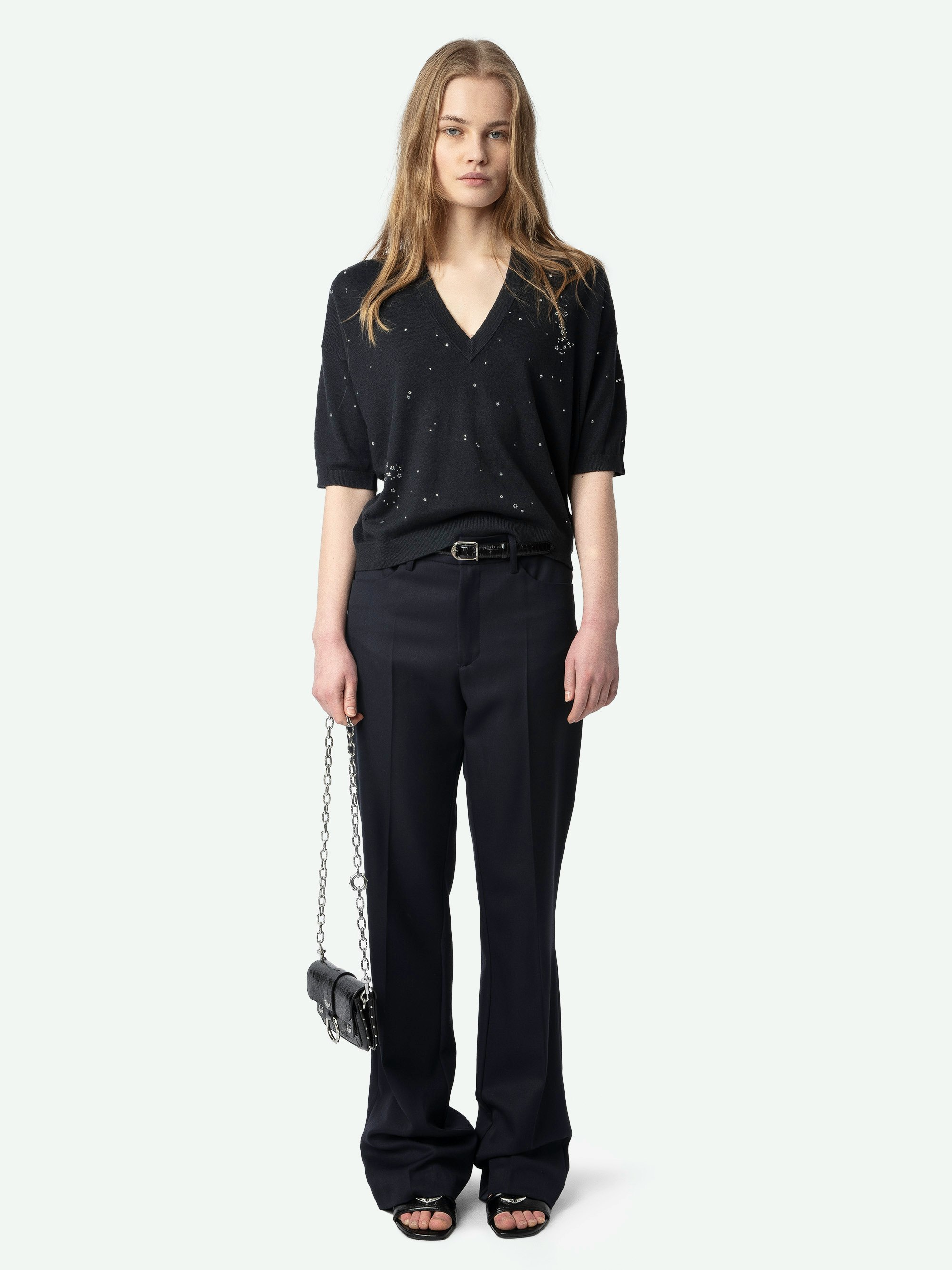 Black Wully Sweater with Rhinestones V-Neck Women