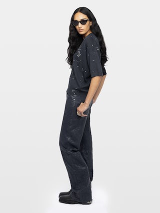 Maglione Wully - Maglione con scollo a V, maniche corte e strass su tutta la superficie.