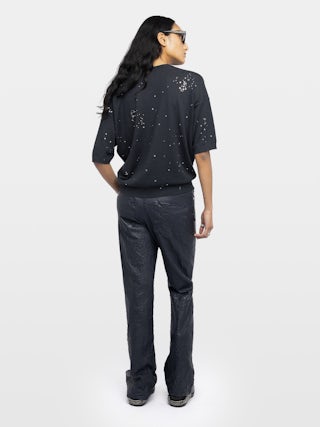 Maglione Wully - Maglione con scollo a V, maniche corte e strass su tutta la superficie.