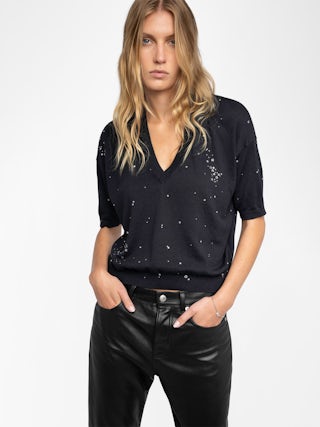 Wully Jumper - Short-sleeved V-neck sweater with all-over rhinestones.