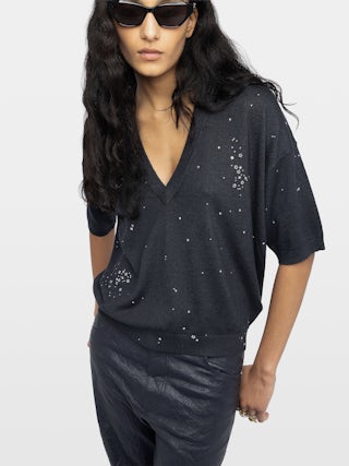 Maglione Wully - Maglione con scollo a V, maniche corte e strass su tutta la superficie.