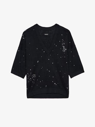 Wully Jumper - Short-sleeved V-neck sweater with all-over rhinestones.