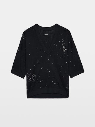 Pullover Wully - Kurzärmeliger V-Ausschnitt-Pullover mit Strass-Allover.