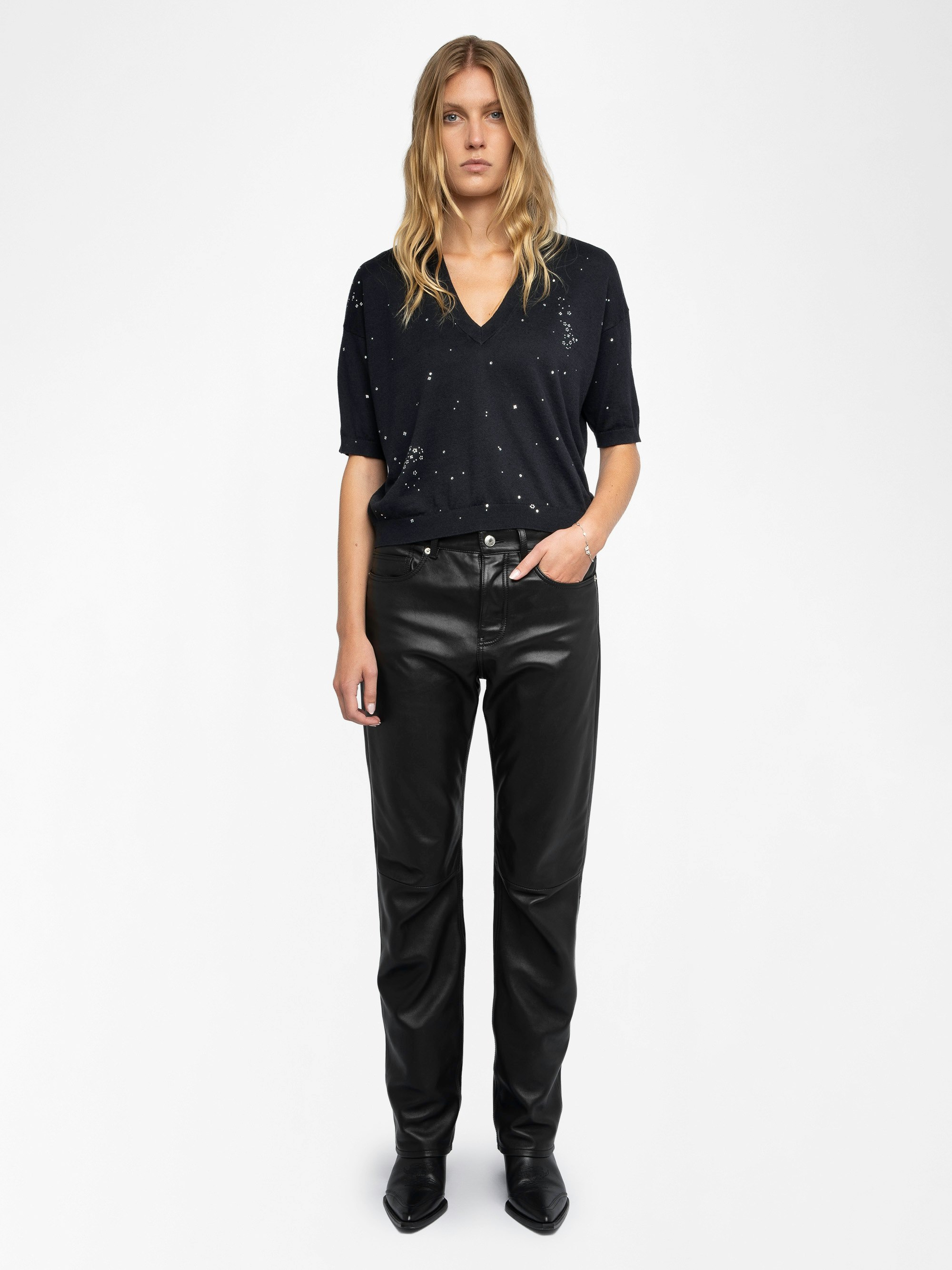 Black Wully Sweater with Rhinestones V-Neck Women