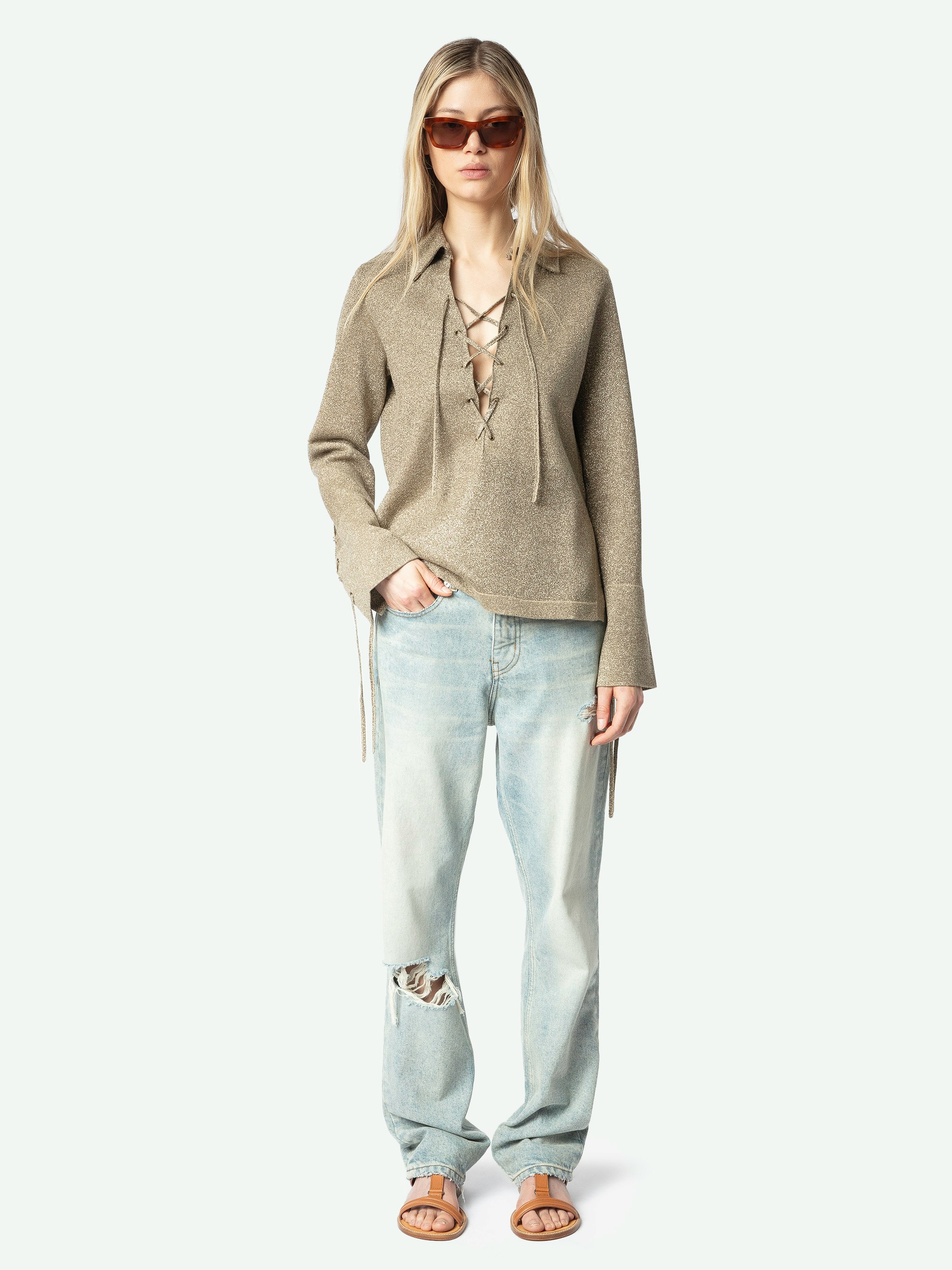 Listy Jumper - Lurex sweater with shirt collar, eyelets and side ties.